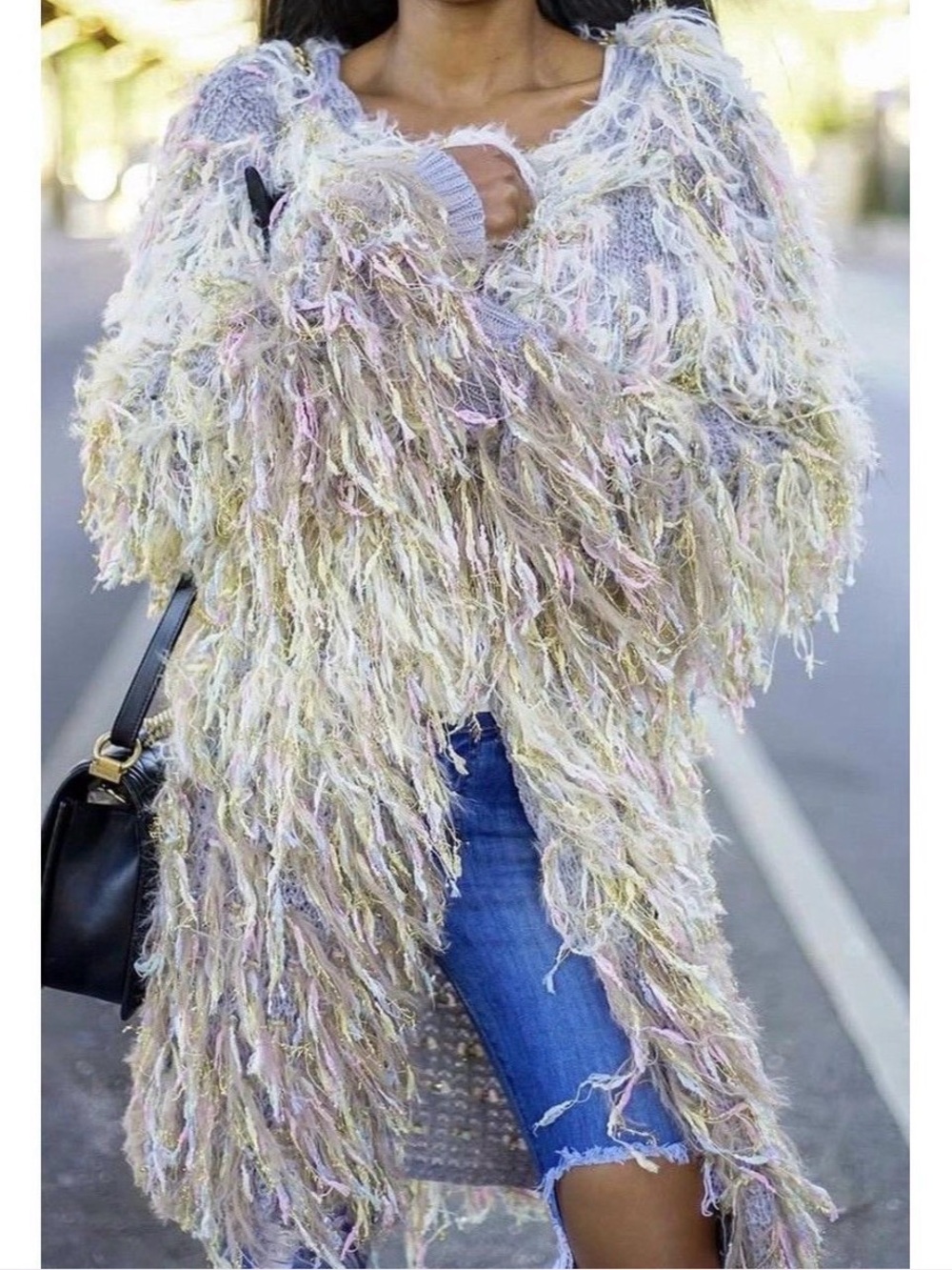 Pastel Multicolor Shaggy Fringe Open-Front Cardigan